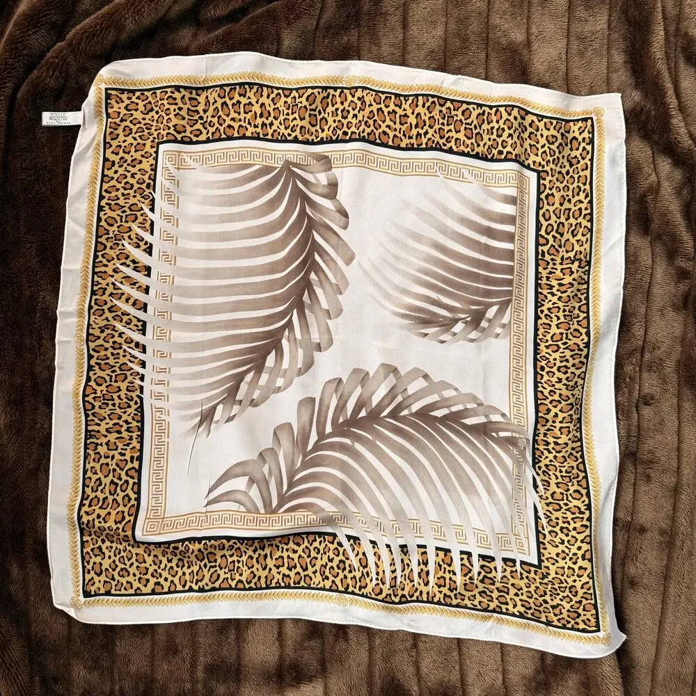 Vintage Elaine Gold Silk Scarf - Leopard Print & Palm Fronds - 26”‎ Neckerchief